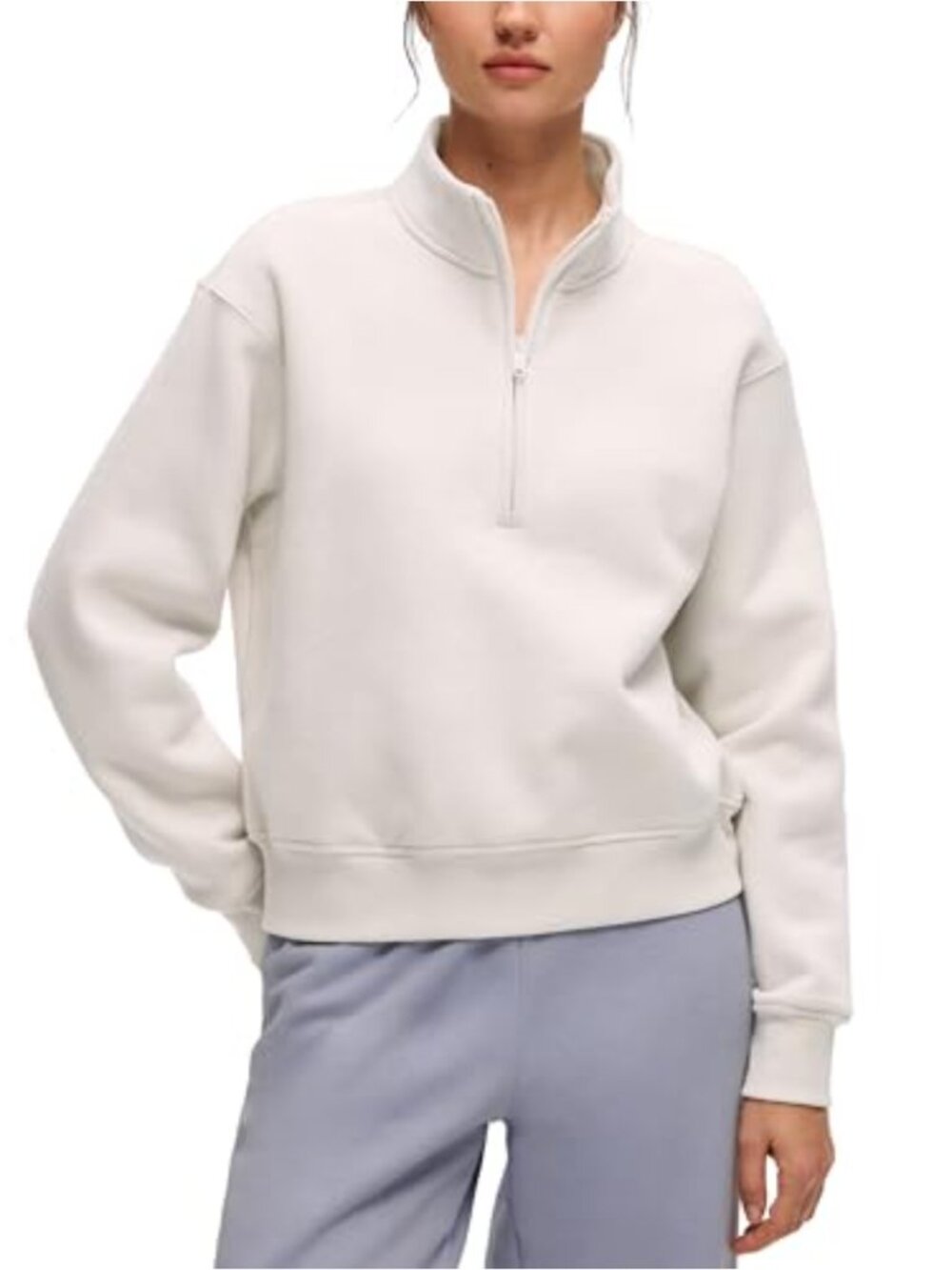 Fleece Lined Half Zip Sweatshirt Funnel Neck Waist Length Pullover